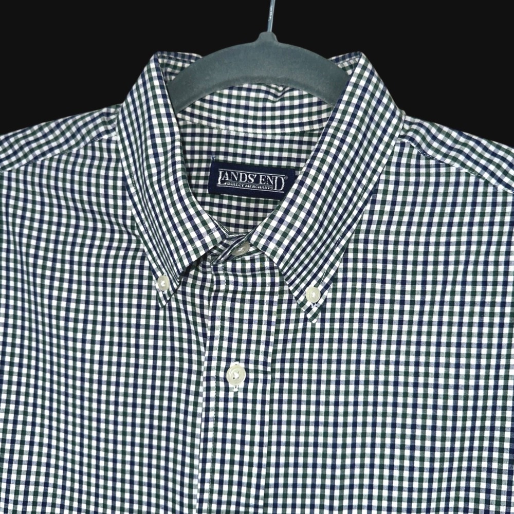 Lands End Mens Gingham Button Down Shirt Short Sleeve Green Navy Blue Medium Reg